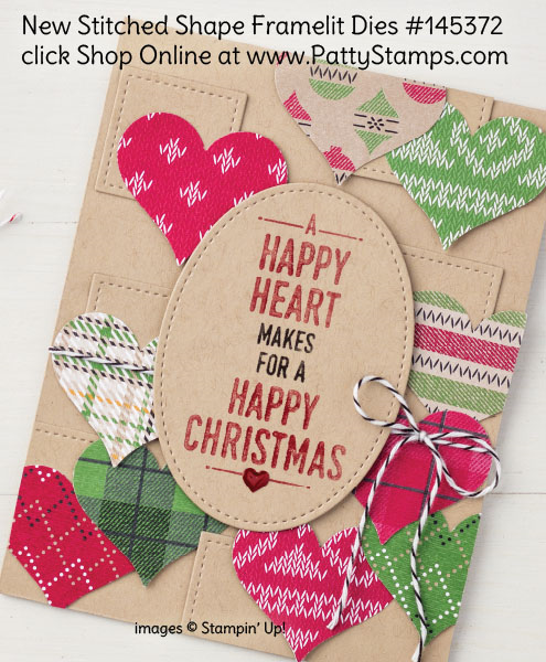 Great for Christmas cards: Stampin' Up! Stitched Shape Framelit in circles, ovals and squares. Order #145372 - click shop online at www.PattyStamps.com