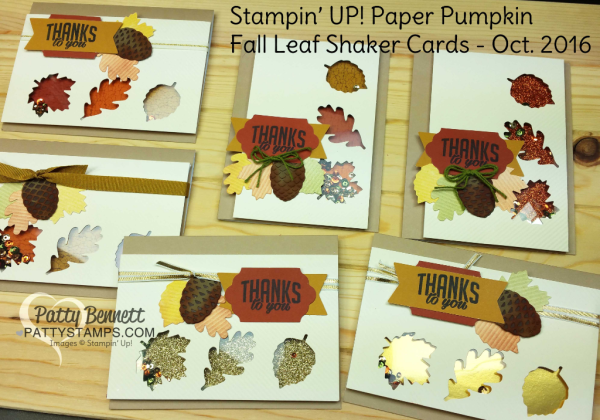 Stampin Up! fall Paper Pumpkin shaker card ideas with Pretty Pines pinecone embellishments by Patty Bennett, www.PattyStamps.com