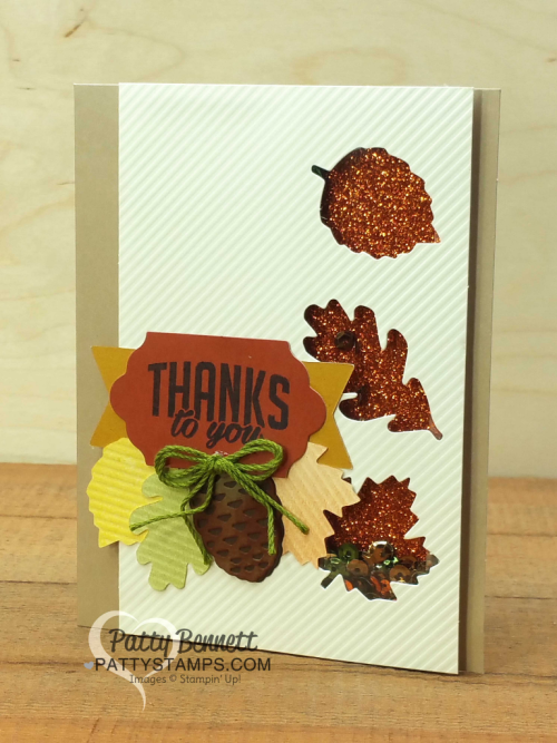 Stampin Up! fall Paper Pumpkin shaker card ideas with Pretty Pines pinecone embellishments and Pumpkin Pie Glimmer paper by Patty Bennett, www.PattyStamps.com