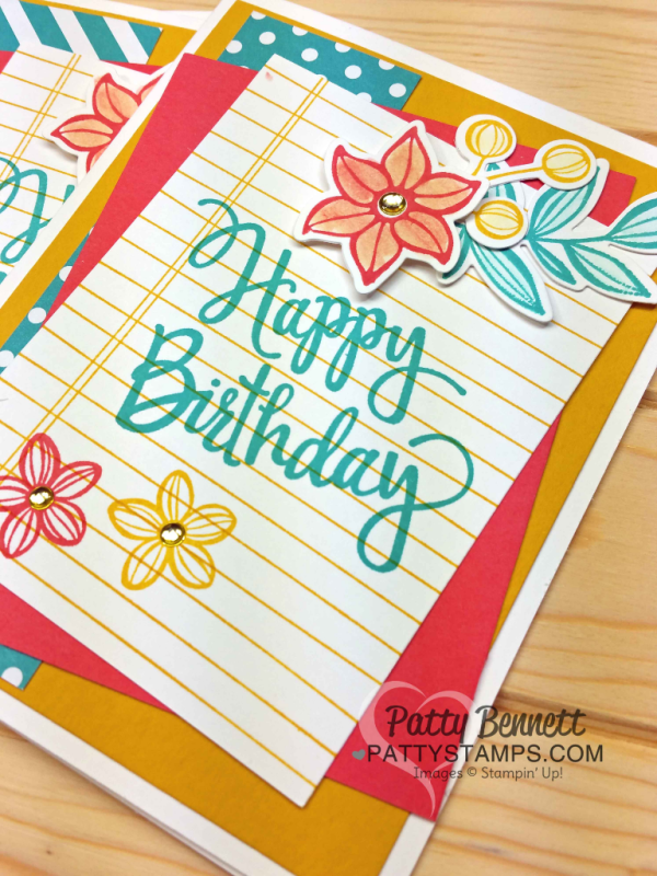 Birthday card idea featuring Stampin' Up! Falling Flowers stamp set and Writing Notes background stamp. 