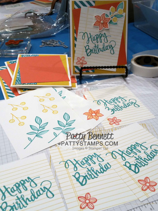 Stamping on the 2016 stamp and scrap cruise! Birthday card idea featuring Stampin' Up! Falling Flowers stamp set and Writing Notes background stamp. 