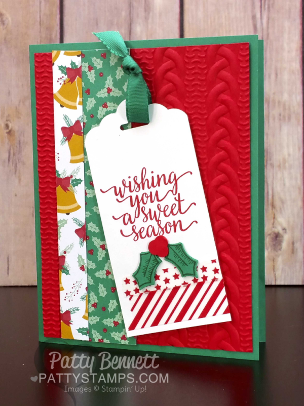 Christmas Card Idea featuring Stampin' Up! Cable Knit Embossing Folder and Presents & Pinecones designer paper - Holiday Catalog 2016.  Card idea by Patty Bennett at www.PattyStamps.com
