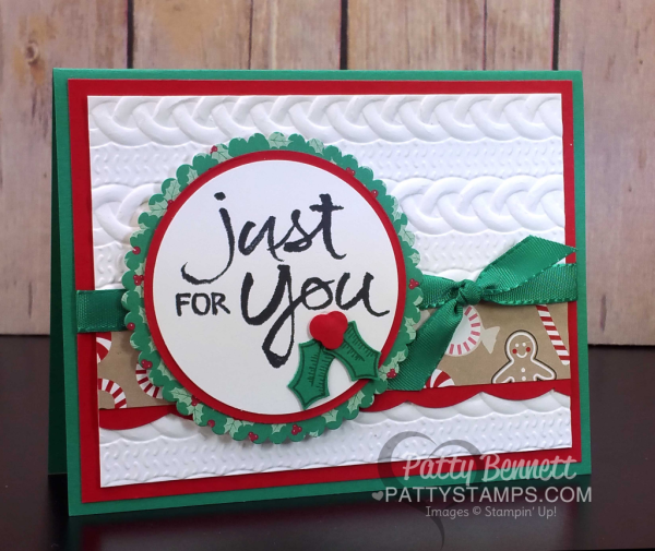 Christmas Card Idea featuring Stampin' Up! Cable Knit Embossing Folder and Presents & Pinecones designer paper - Holiday Catalog 2016.  Card idea by Patty Bennett at www.PattyStamps.com