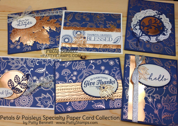 Petals & Paisleys copper embossed designer paper from Stampin' Up! - set of 6 cards by Patty Bennett, www.pattystamps.com  Festive and Holly Embossing Folder copper foil paper accent!