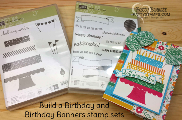 Festive birthday gift card holder made from one 12x12 sheet of Festive Birthday paper and Build a Birthday and Birthday Banners stamp set from Stampin' Up! by Patty Bennett