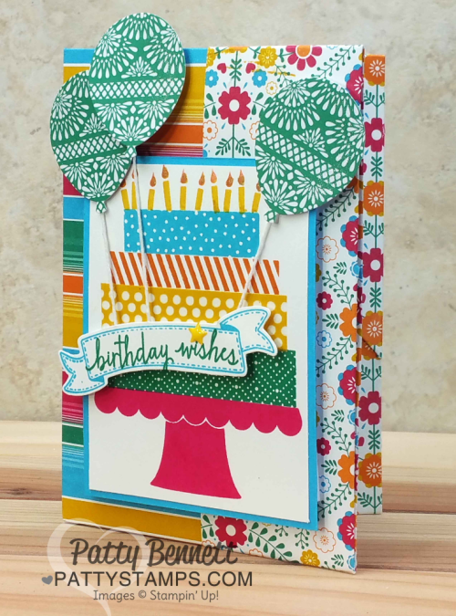 Festive birthday gift card holder made from one 12x12 sheet of Festive Birthday paper and Build a Birthday and Birthday Banners stamp set from Stampin' Up! by Patty Bennett