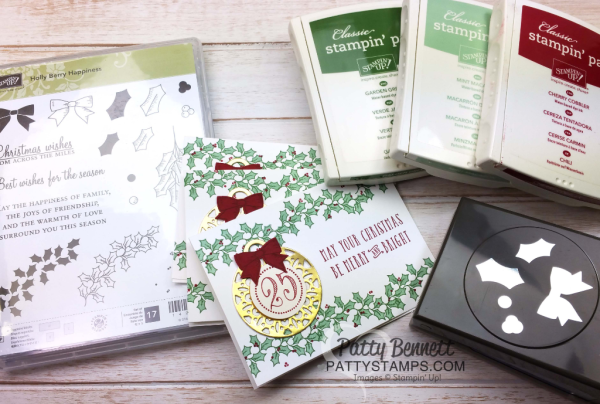 Crafting supplies for Simple Christmas cards featuring Stampin' Up! Holly Berry Happiness stamp set and punch by Patty Bennett, www.PattyStamps.com