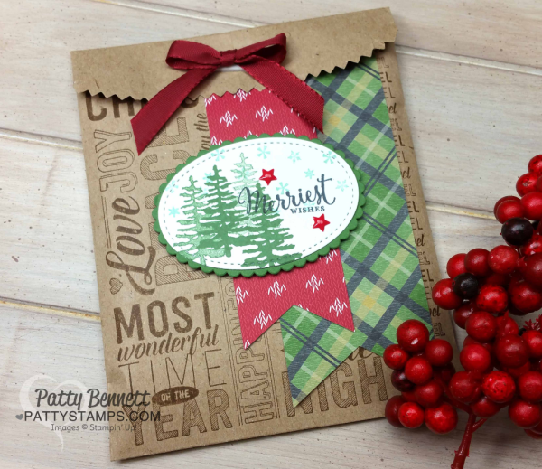 Christmas Kraft Gift bag stamped with Merry Medley background stamp from Stampin Up! by Patty Bennett at www.pattystamps.com