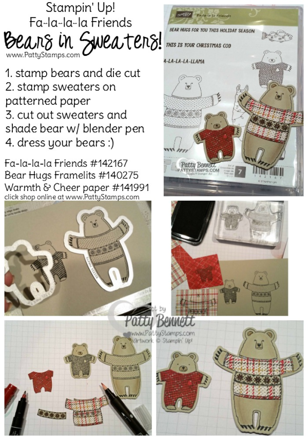 How to stamp the bears in sweaters for the Fa la la la friends bear hugs box by Patty Bennett. Stampin Up! stamps, ink and paper crafting supplies. Repurposed Paper Pumpkin kit box. How to stamp the bears in sweaters for the Fa la la la friends bear hugs box by Patty Bennett. Stampin Up! stamps, ink and paper crafting supplies. Repurposed Paper Pumpkin kit box.