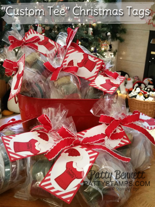 Stampin' Up! Custom Tee t-shirt stamps and framelits Santa hat tags for Luv 2 Stamp Group top seller gifts from Patty Bennett