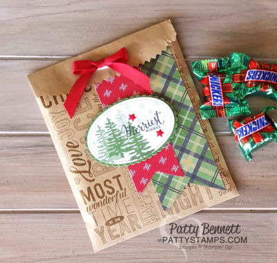 Christmas Kraft Gift bag stamped with Merry Medley background stamp from Stampin Up! by Patty Bennett at www.pattystamps.com