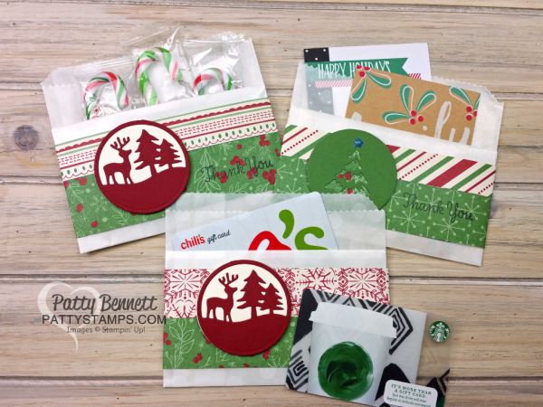 Merry Tags Gift Card Holders featuring Stampin' Up! bags, paper and embellishments by Patty Bennett, www.PattyStamps.com