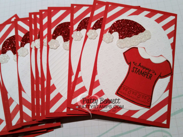 Stampin' Up! Custom Tee t-shirt stamps and framelits Santa hat tags for Luv 2 Stamp Group top seller gifts from Patty Bennett