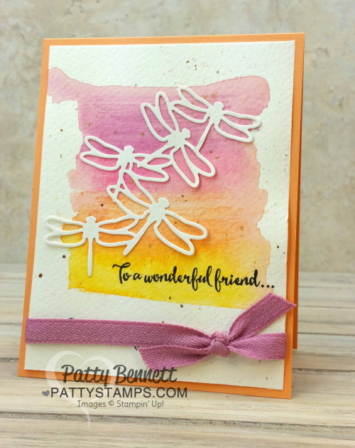 Detailed Dragonfly thinlit cards featuring the watercolor pencil background technique, from the Stampin' Up! 2017 Occasions catalog. Cards by Patty Bennett Detailed Dragonfly thinlit cards featuring the watercolor pencil background technique, from the Stampin' Up! 2017 Occasions catalog. Cards by Patty Bennett