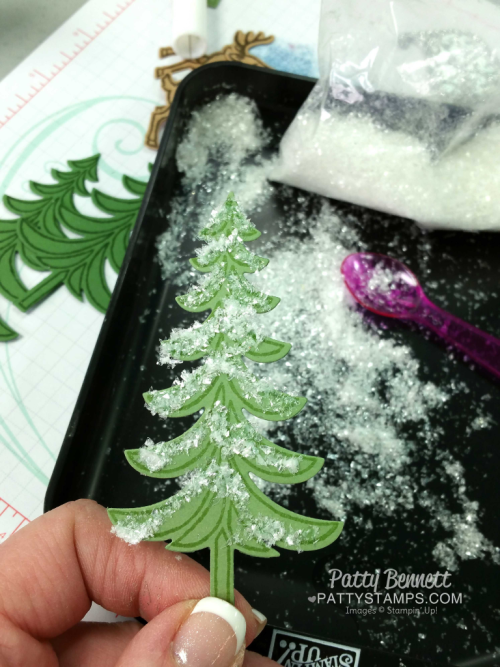 Santa's Sleigh pine trees decorated with mica flake "snow". www.PattyStamps.com