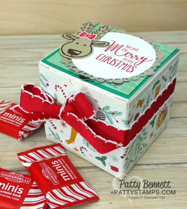 Christmas 3x3 square on White Gift Box, featuring Stampin Up stamps, paper, ink. Cookie Cutter Christmas bundle reindeer and Presents & Pinecones paper.. Christmas 3x3 square on White Gift Box, featuring Stampin Up stamps, paper, ink. Cookie Cutter Christmas bundle reindeer and Presents & Pinecones paper..