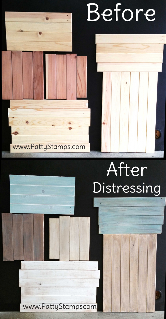 Before and After: How to distress wood pine boards by Patty Bennett at www.pattystamps.com
