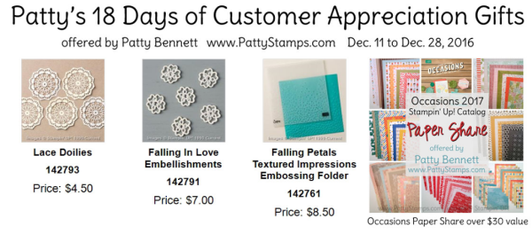 Patty Bennett Celebrating Top 100 Global with Stampin Up! customer appreciation special featuring Occasions catalog 2017 products