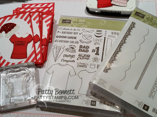 Stampin' Up! Custom Tee t-shirt stamps and framelits Santa hat tags for Luv 2 Stamp Group top seller gifts from Patty Bennett