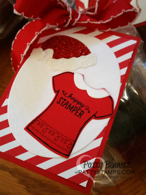 Stampin' Up! Custom Tee t-shirt stamps and framelits Santa hat tags for Luv 2 Stamp Group top seller gifts from Patty Bennett