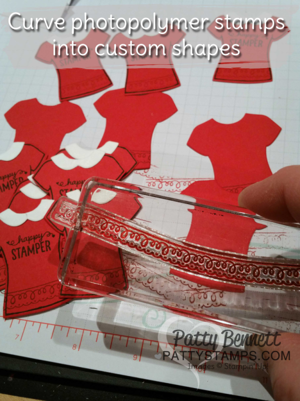 Craft Tip: curve or reshape your photopolymer stamps to create custom stamped designs like the T-Shirts on these Stampin' Up! Custom Tee t-shirt stamps and framelits Santa hat tags for Luv 2 Stamp Group top seller gifts from Patty Bennett