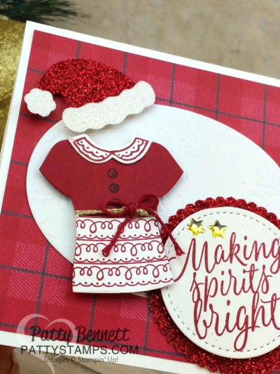 Custom Tee "Mrs. Claus" shirt and glimmery Santa Hat Christmas card by Patty Bennett, www.PattyStamps.com