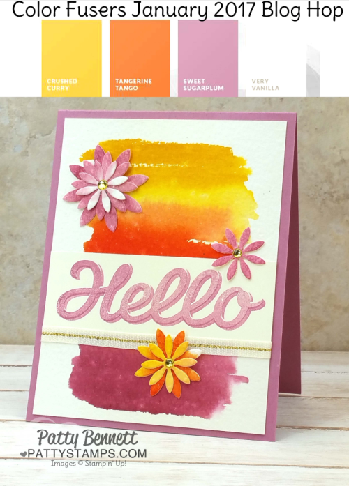Stampin Up! Occasions catalog Succulent Garden framelit die flowers, Vertical Garden Hello stamp and watercolor wash background card. Color Fusers January 2017 color combo. Card by Patty Bennett Stampin Up! Occasions catalog Succulent Garden framelit die flowers, Vertical Garden Hello stamp and watercolor wash background card. Color Fusers January 2017 color combo. Card by Patty Bennett