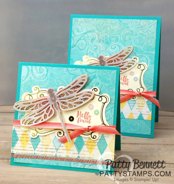 Detailed Dragonfly thinlits and Dragonfly Dreams stamp set from Stampin' Up! - Occasions catalog 2017. Top-fold card featuring Cupcakes & Carousels paper and embellishment kit by Patty Bennett, www.PattyStamps.com Detailed Dragonfly thinlits and Dragonfly Dreams stamp set from Stampin' Up! - Occasions catalog 2017. Top-fold card featuring Cupcakes & Carousels paper and embellishment kit by Patty Bennett, www.PattyStamps.com