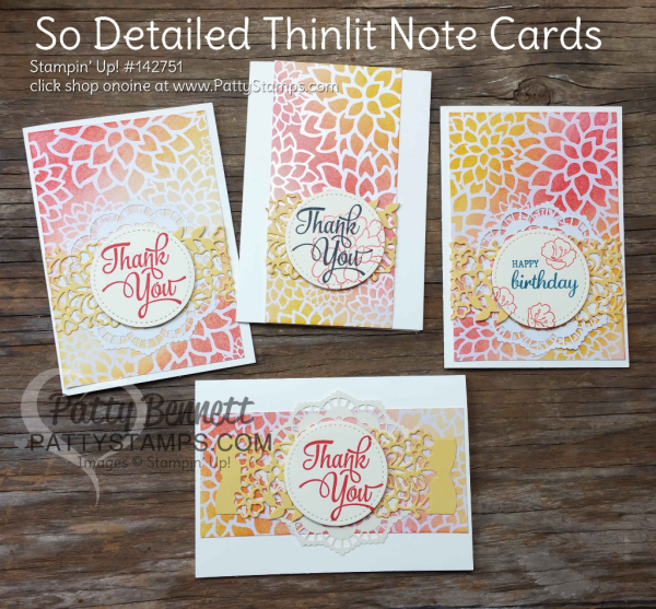 Stampin' Up! Note Card Ideas featuring So Detailed Thinlits and Irresistibly Floral paper by Patty Bennett, www.pattystamps.com