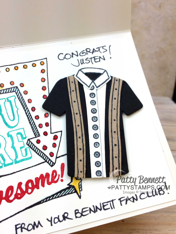300 Bowling Game Congrats card featuring Stampin UP! Marquee Messages stamp set, T-Shirt Builder framelit dies, and Custom Tee stamp set by Patty Bennett www.PattyStamps.com