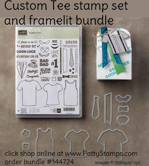 Stampin' Up! Occasions catalog 2017 Custom Tee Shirt stamp set and framelit bundle.  Order #144724 at www.pattystamps.com