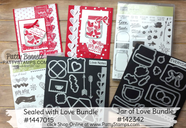 Sending Love Suite Valentine card ideas from the Stampin Up! 2017 Occasions catalog featuring Sending Love paper stack, Sealed with Love stamp set and Love Notes framelits, and Jar of Love bundle by Patty Bennett