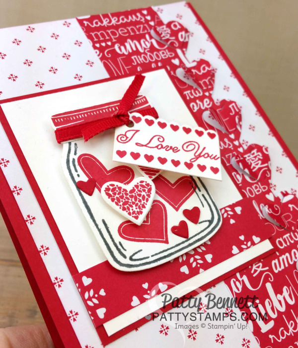 Sending Love Suite Valentine card ideas from the Stampin Up! 2017 Occasions catalog featuring Sending Love paper stack, Sealed with Love stamp set and Love Notes framelits, and Jar of Love bundle by Patty Bennett