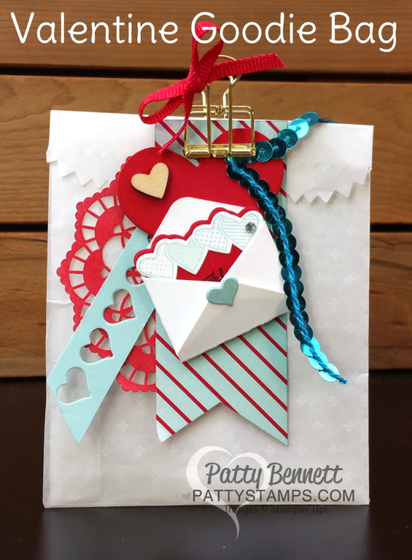 DIY Stampin' Up! Sending Love Valentine Glassine Goodie Bag created with Occasions Catalog stamps, paper, ink and embellishments. 