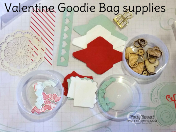 Suppplies for DIY Stampin' Up! Sending Love Valentine Glassine Goodie Bag created with Occasions Catalog stamps, paper, ink and embellishments. 