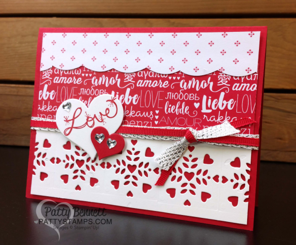 Valentine card idea stamped with Stampin' Up! Love Sparkles stamp set, and die cut with heart image from the Window Box thinlit die set. Red and White patterned paper from Sending Love paper stack.  by Patty Bennett