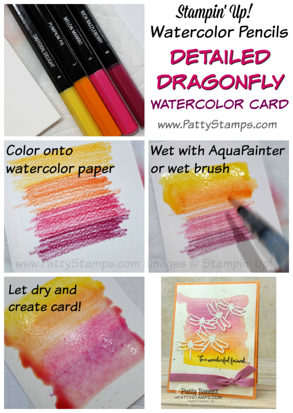 Detailed Dragonfly card watercolor wash background tutorial by Patty Bennett.  Stampin Up! crafting supplies.