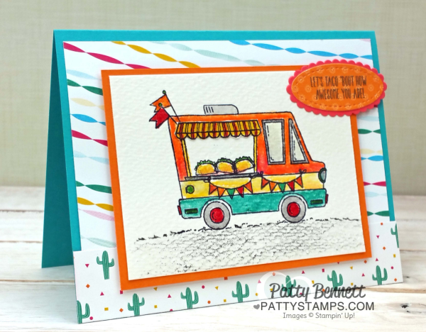 Stampin' Up! Tasty Trucks Sale-a-bration stamp set - free with $50 purchase through 3-31-17.  Taco Truck, Ice Cream Truck or Cupcake Truck.. take your pick! Stamped and created on Watercolor paper with Watercolor Pencils, Blender Pens and Aquapainter by Patty Bennett. 