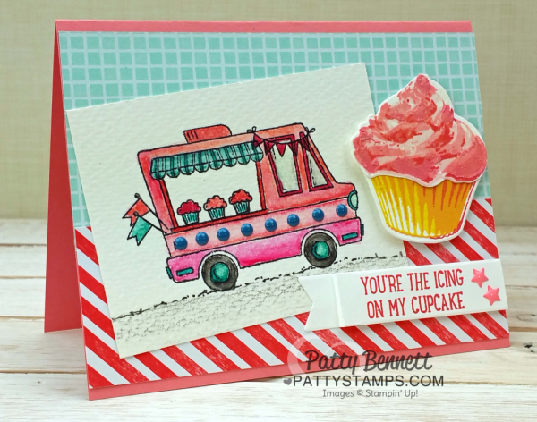 Stampin' Up! Tasty Trucks Sale-a-bration stamp set - free with $50 purchase through 3-31-17.  Taco Truck, Ice Cream Truck or Cupcake Truck.. take your pick! Stamped and created on Watercolor paper with Watercolor Pencils, Blender Pens and Aquapainter by Patty Bennett. 
