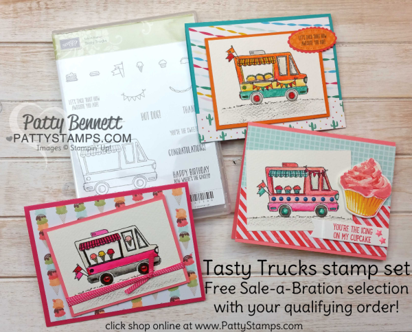 Stampin' Up! Tasty Trucks Sale-a-bration stamp set - free with $50 purchase through 3-31-17.  Taco Truck, Ice Cream Truck or Cupcake Truck.. take your pick! Stamped and created on Watercolor paper with Watercolor Pencils, Blender Pens and Aquapainter by Patty Bennett. 