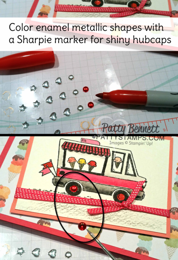Stampin' Tip!:  color the silver metallic enamel shapes with a Sharpie marker to create cute glossy red hubcaps for the Tasty Treat Ice Cream Truck!  by Patty Bennett