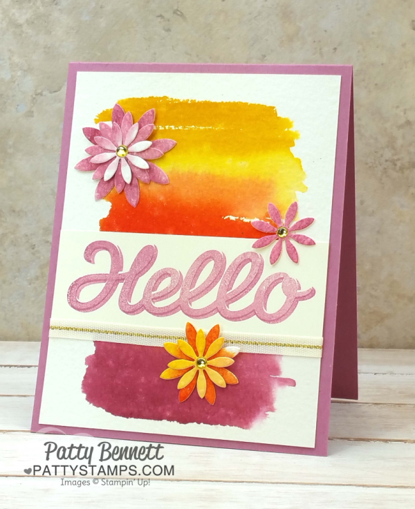 Stampin Up! Occasions catalog Succulent Garden framelit die flowers, Vertical Garden Hello stamp and watercolor wash background card. Color Fusers January 2017 color combo. Card by Patty Bennett Stampin Up! Occasions catalog Succulent Garden framelit die flowers, Vertical Garden Hello stamp and watercolor wash background card. Color Fusers January 2017 color combo. Card by Patty Bennett