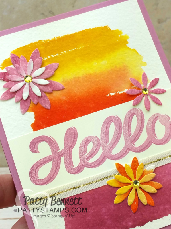 Stampin Up! Occasions catalog Succulent Garden framelit die flowers, Vertical Garden Hello stamp and watercolor wash background card. Color Fusers January 2017 color combo. Card by Patty Bennett Stampin Up! Occasions catalog Succulent Garden framelit die flowers, Vertical Garden Hello stamp and watercolor wash background card. Color Fusers January 2017 color combo. Card by Patty Bennett
