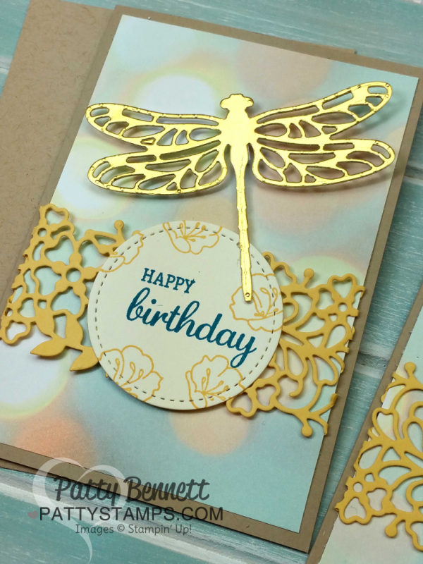 Stampin' Up! Note Card featuring Occasions catalog Detailed Dragonfly and So Detailed thinlit dies, plus Falling in Love designer paper bokeh background. Birthday card idea by Patty Bennett