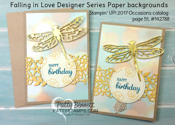 Stampin' Up! Note Card featuring Occasions catalog Detailed Dragonfly and So Detailed thinlit dies, plus Falling in Love designer paper bokeh background. Birthday card idea by Patty Bennett