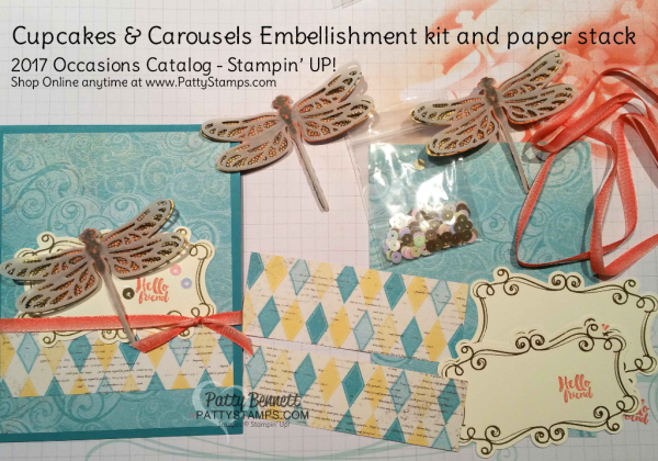 Cupcakes & Carousels Embellishment kit and designer paper stack from Stampin' Up! creates a great background for my Detailed Dragonfly card! Cupcakes & Carousels Embellishment kit and designer paper stack from Stampin' Up! creates a great background for my Detailed Dragonfly card!