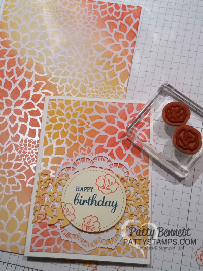 Colored Irresistibly Floral paper combined with Stampin' Up! So Detailed thinlit dies.  Note Card by Patty Bennett