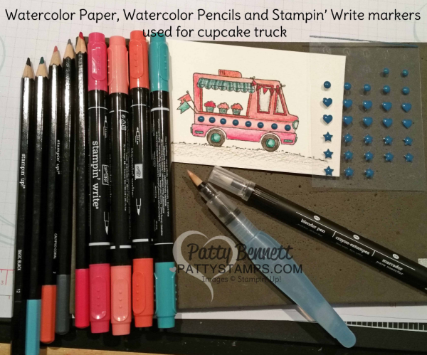 Supplies for Stampin' Up! Tasty Trucks Sale-a-bration stamp set - free with $50 purchase through 3-31-17.  Taco Truck, Ice Cream Truck or Cupcake Truck.. take your pick! Stamped and created on Watercolor paper with Watercolor Pencils, Blender Pens and Aquapainter by Patty Bennett. 