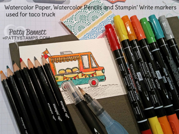 supplies for Stampin' Up! Tasty Trucks Sale-a-bration stamp set - free with $50 purchase through 3-31-17.  Taco Truck, Ice Cream Truck or Cupcake Truck.. take your pick! Stamped and created on Watercolor paper with Watercolor Pencils, Blender Pens and Aquapainter by Patty Bennett. 