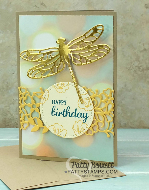 Stampin' Up! Note Card featuring Occasions catalog Detailed Dragonfly and So Detailed thinlit dies, plus Falling in Love designer paper bokeh background. Birthday card idea by Patty Bennett